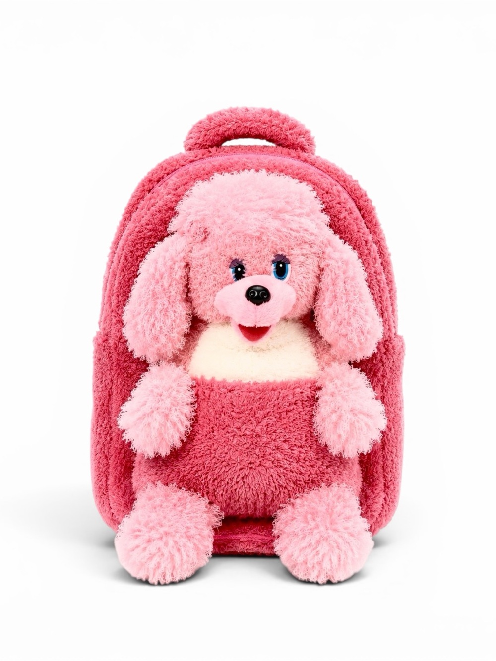 Plush Pink Puppy Kids Rolling Mini Backpack with Soft Toy Removable Pouch Front